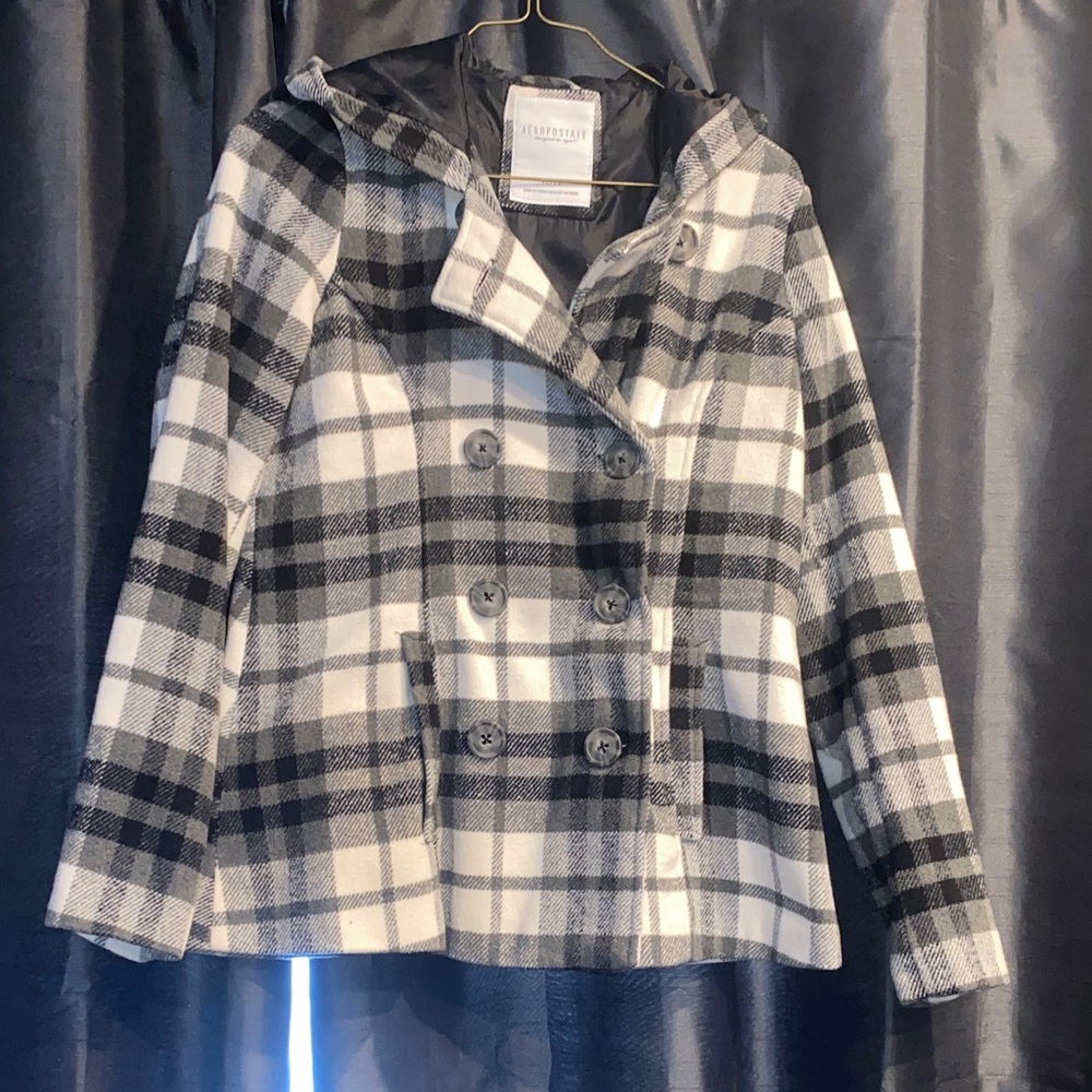 Aeropostale Black and White Plaid Pea Coat